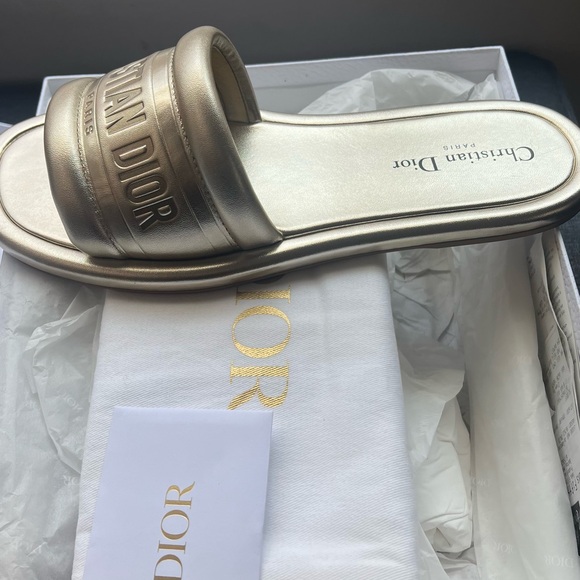 Dior Gold Logo Print D Way Slides Size 40 - Picture 3 of 3